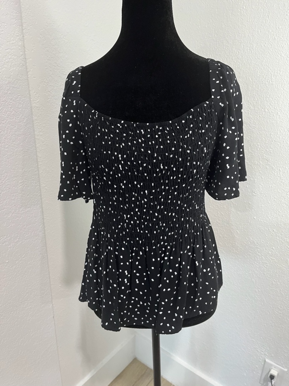 Black Smocked Square-Neck Top with White Spot Print